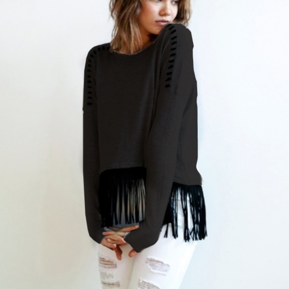 One Grey Day Cashmere, Wool  Sweater with faux suede fringe in black Size M - Picture 1 of 5